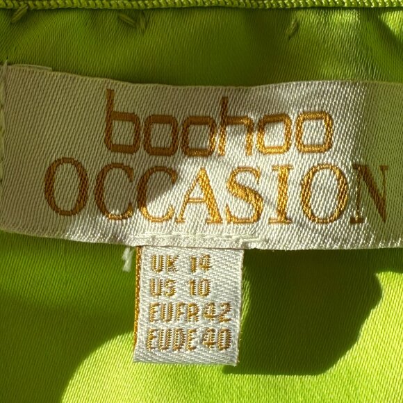 Boohoo Occasion Lime Green Feather Trim Off the Shoulder Mini Dress - Picture 7 of 8